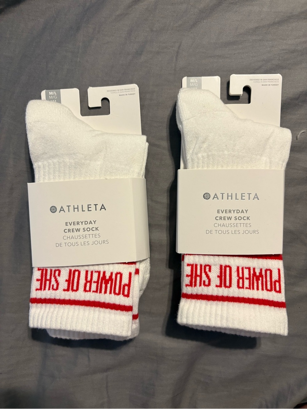Lot of 2 Athleta Everyday Crew Socks in White with Red Stripe Power of She